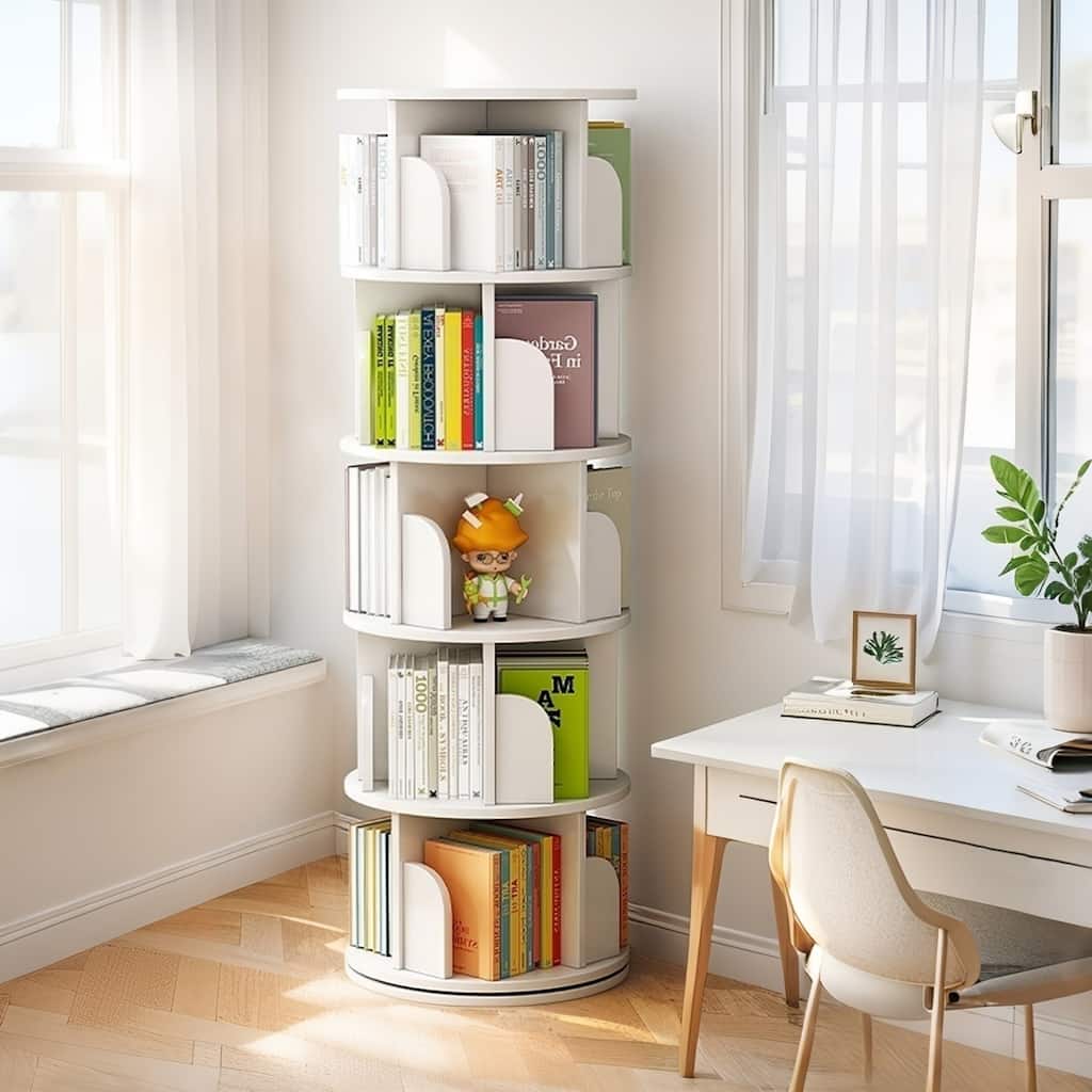 GDF Studio -Purling Modern 5-Tier Wood Rotating Bookshelf with 360-Degree Space-Saving Design