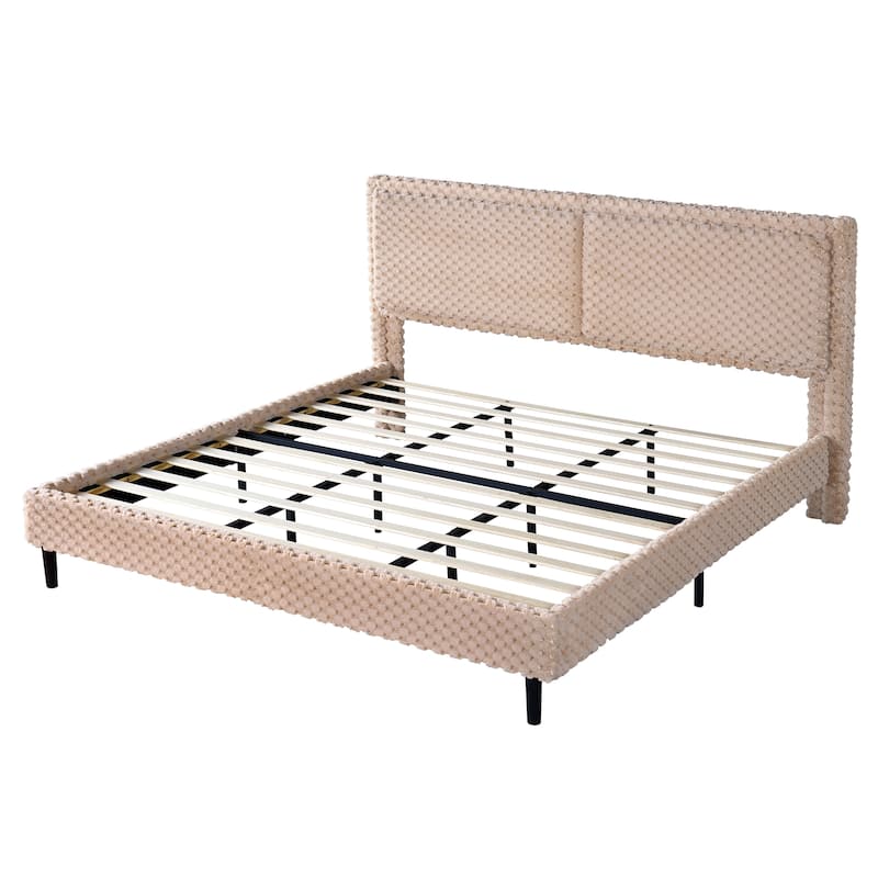 Upholstered King Bed with Plush Fabric and Padded Backrest Solid Wood Frame