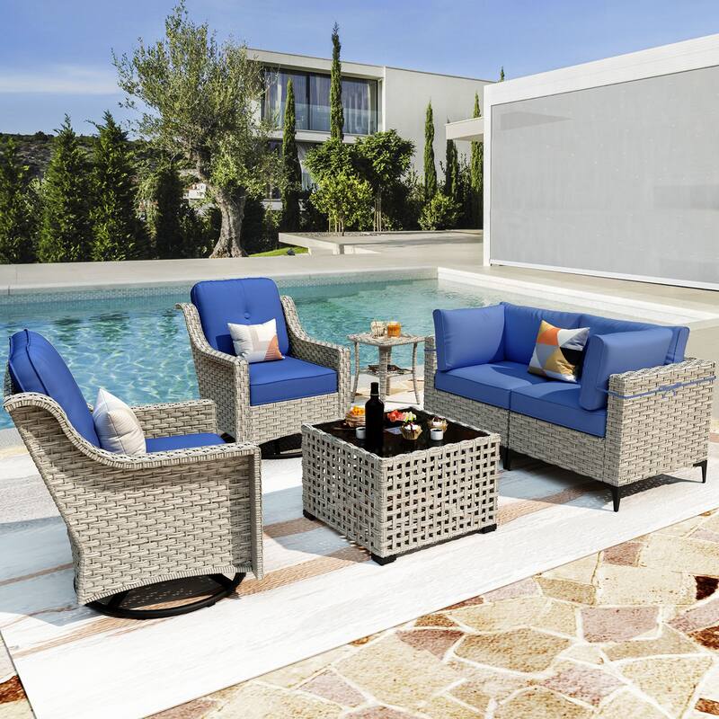 XIZZI 6-piece Patio Furniture Wicker Conversation Set with Swivel Chair - Navy Blue