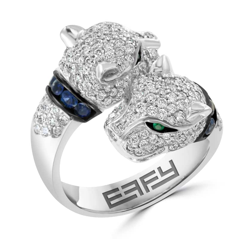 Effy Women's 14K White Gold Diamond,Natural Emerald,Natural Sapphire Panther Ring