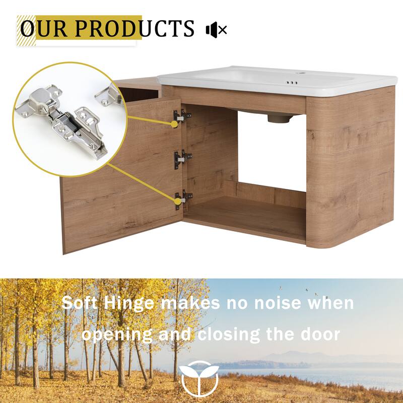 40'' Wall-Mounted Bathroom Vanity with White Ceramic Sink and Storage Shelves & 1-Soft-Close Door, KD-Packing, Plywood