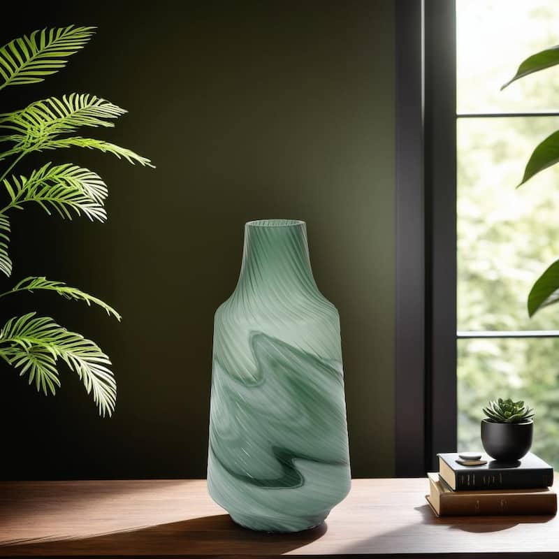 Allan Andrews Frosted Green Contemporary Decorative Glass Swirl Vase - 14.25"H
