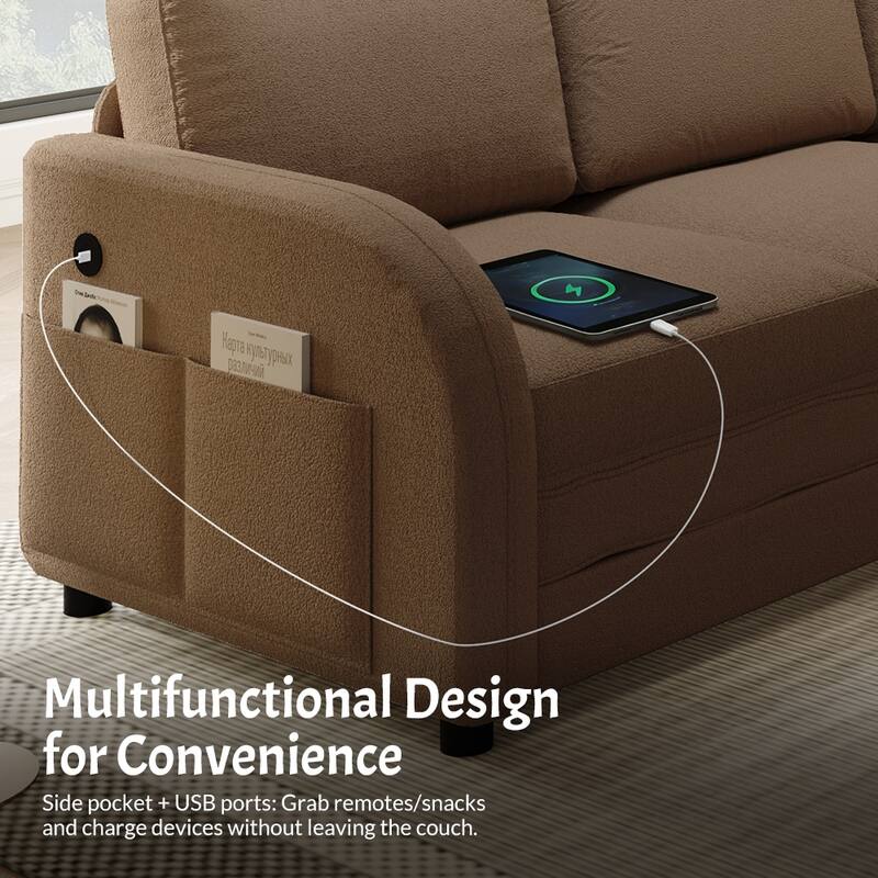 115" L-Shaped Sectional with Pull-Out Bed, USB Ports & Side Pockets, King Size Upholstered Bed