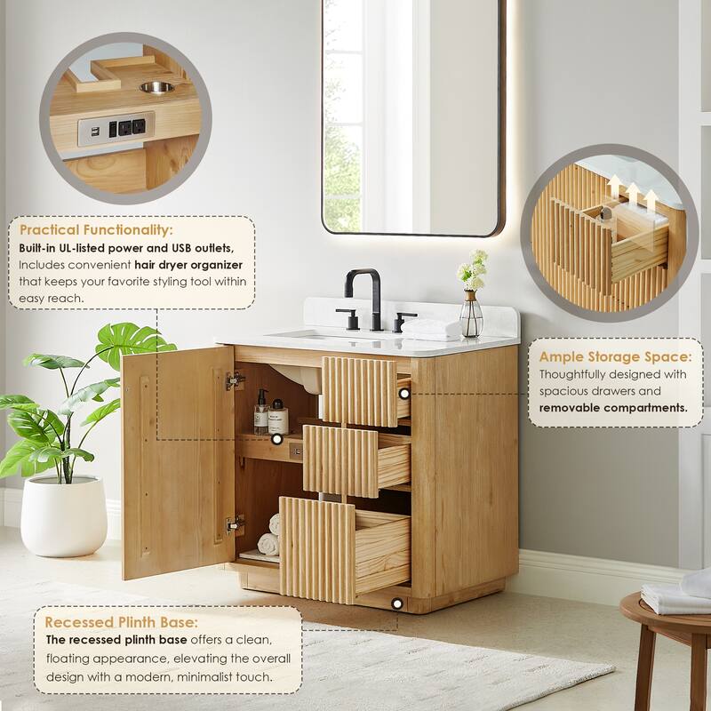 Clayton Bathroom Vanity in Washed Light Brown with Grain White Engineered Stone Countertop without Mirror