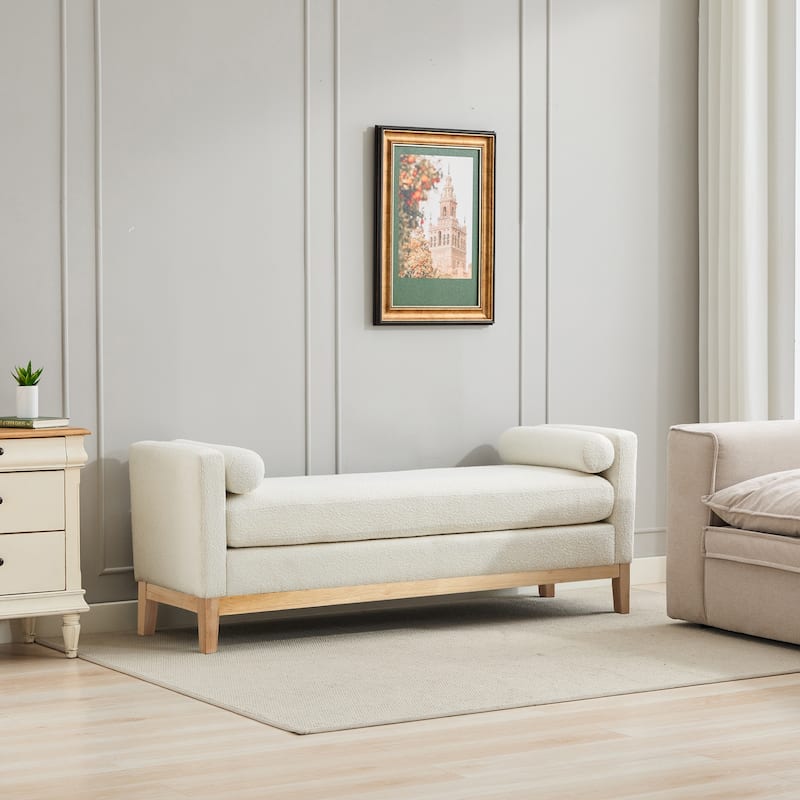 66 Inch End of Bed Bench, Upholstered Ottoman Bench with Wood Legs, Elegant Ottoman with Bolster Pillows for Bedroom - Ivory