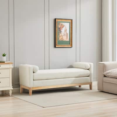 66 Inch End of Bed Bench, Upholstered Ottoman Bench with Wood Legs, Elegant Ottoman with Bolster Pillows for Bedroom