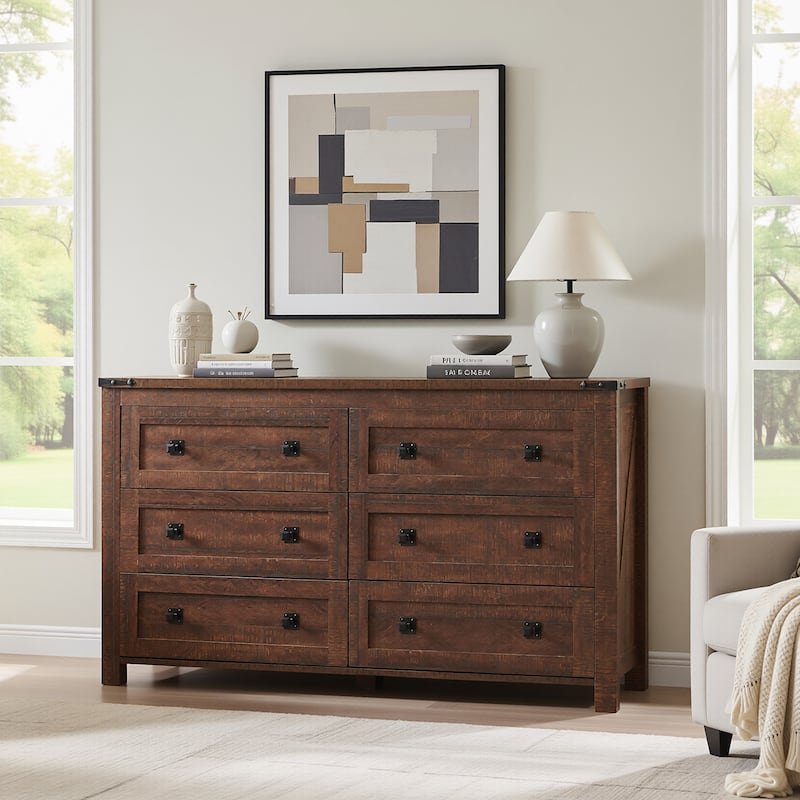 Wood 6 Drawers Dresser, Rustic Chest of Drawers for Bedroom - Brown