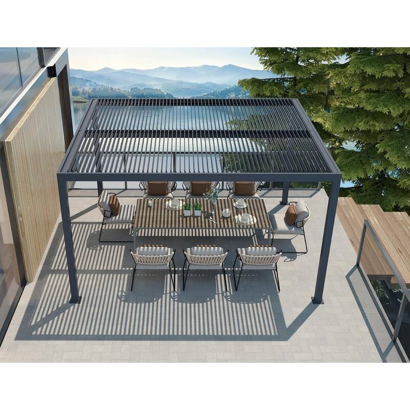 PURPLE LEAF Gray Louvered Pergola Outdoor Aluminum Pergola with Adjustable Roof for Patio Grey Hardtop Gazebo