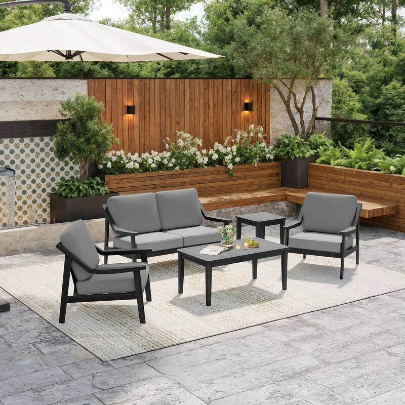 5-Piece Outdoor Sectional Wood Conversation Set with Table