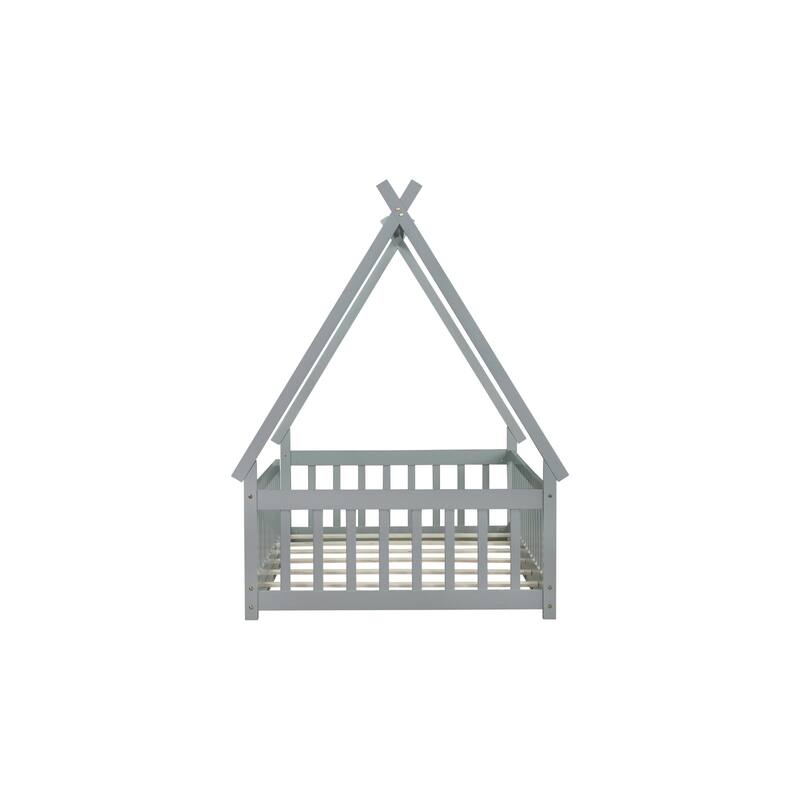 Roomfitters Twin Tent-Shaped Floor Bed with Teepee Frame, Rubber Wood Platform with Guardrails and Slats