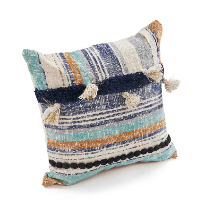 Handmade Striped Square Throw Pillow Cover with Tassels - 18" - Blue and Cream