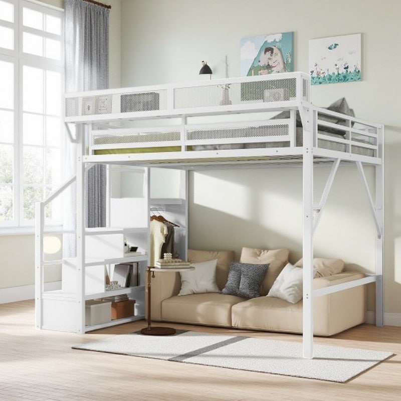 Metal Loft Bed with Reversible Storage Stairs, Built-In Wardrobe and Side Shelves, Underbed Workspace