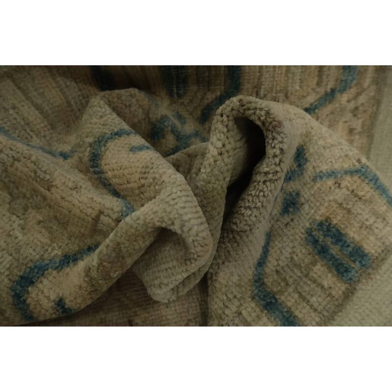 Hand Knotted Oriental 100% Wool Carpet Transitional Geometric Green Khotan Runner Rug - 11' 11'' X 3' 3''