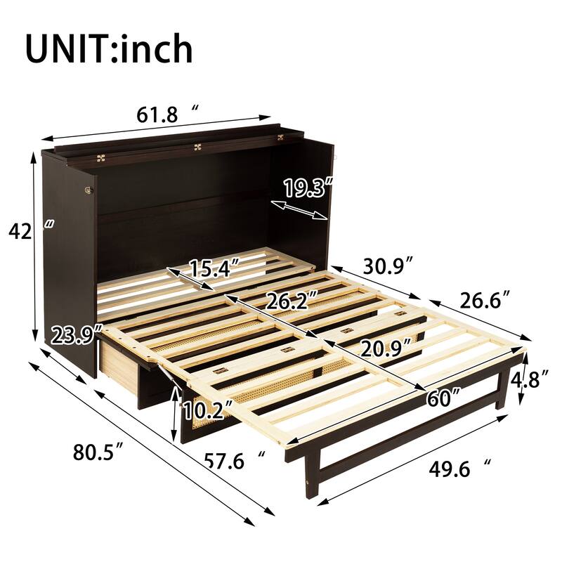 Queen Size Folding Cabinet Bed with Rattan Accent, Solid Pine Frame, Large Storage Drawer, Space-Saving Murphy Design
