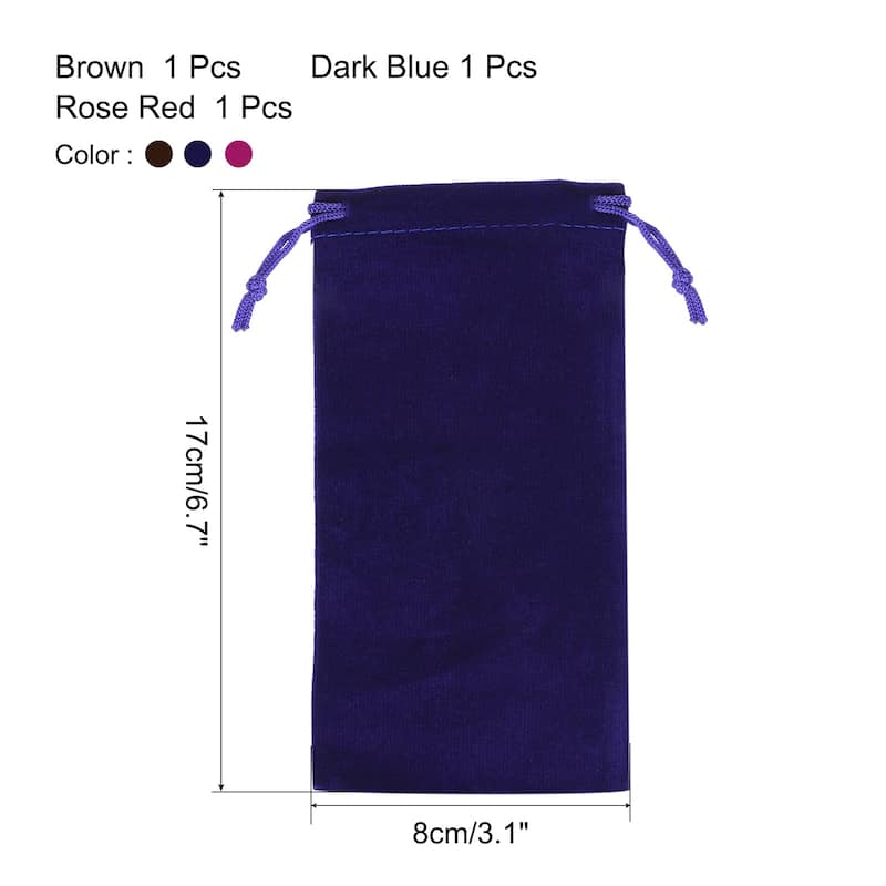 Drawstring Gift Bags 3Pcs Soft Flannel Cloth Storage Pouch for Jewelry - Brown, Dark Blue, Rose Red - 17x8cm
