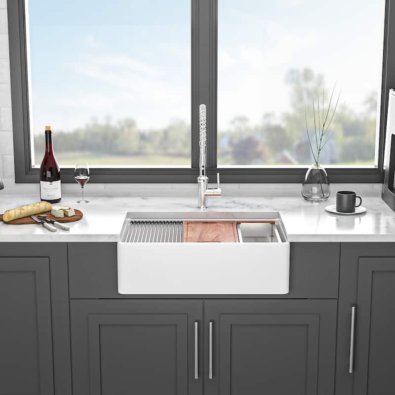 33'' White Farmhouse Double Bowl Ceramic Kitchen Sink - 33'' x 20'' x 10'' - White - 33'' x 20'' x 10''