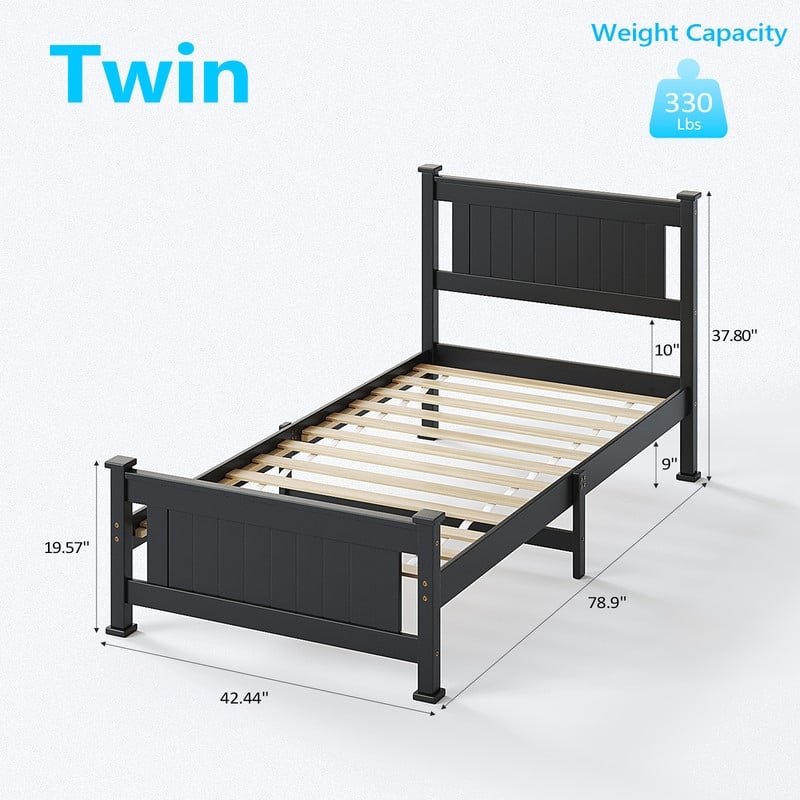 Twin Size Black Wood Platform Bed Frame with Headboard,Under Bed Storage Space,No Box Spring Needed,Heavy duty