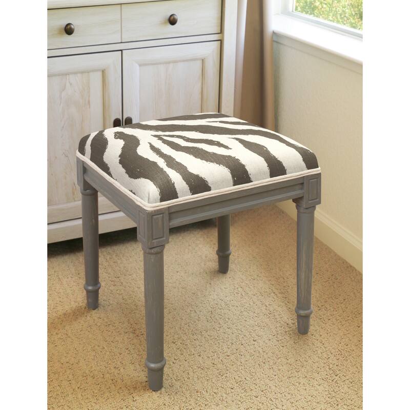 Grey Wood and Linen Zebra Stripes Vanity Stool - GREY