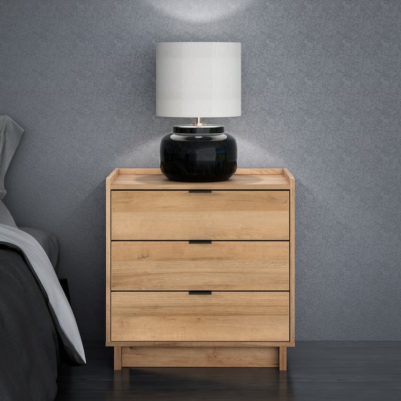 Prepac Simply Modern Nightstand Bedside Table, Natural Oak Nightstand for Bedroom, End Table with 3 Drawers