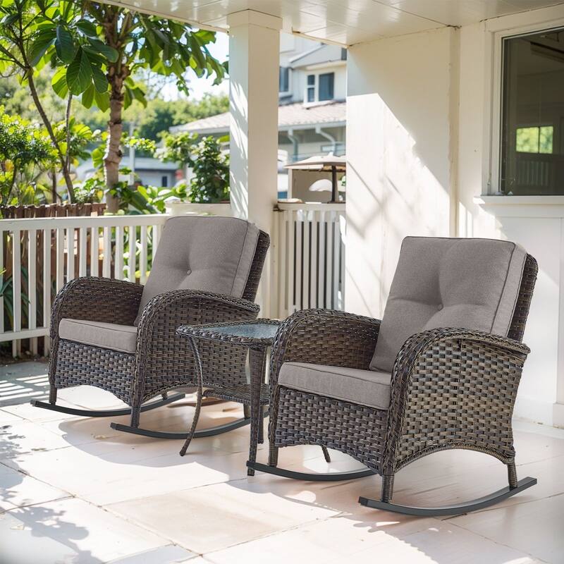 Pocassy 3 Pieces Outdoor Rocking Chairs with Side Table Patio Set. - Gray Cushion. - Brown Wicker.