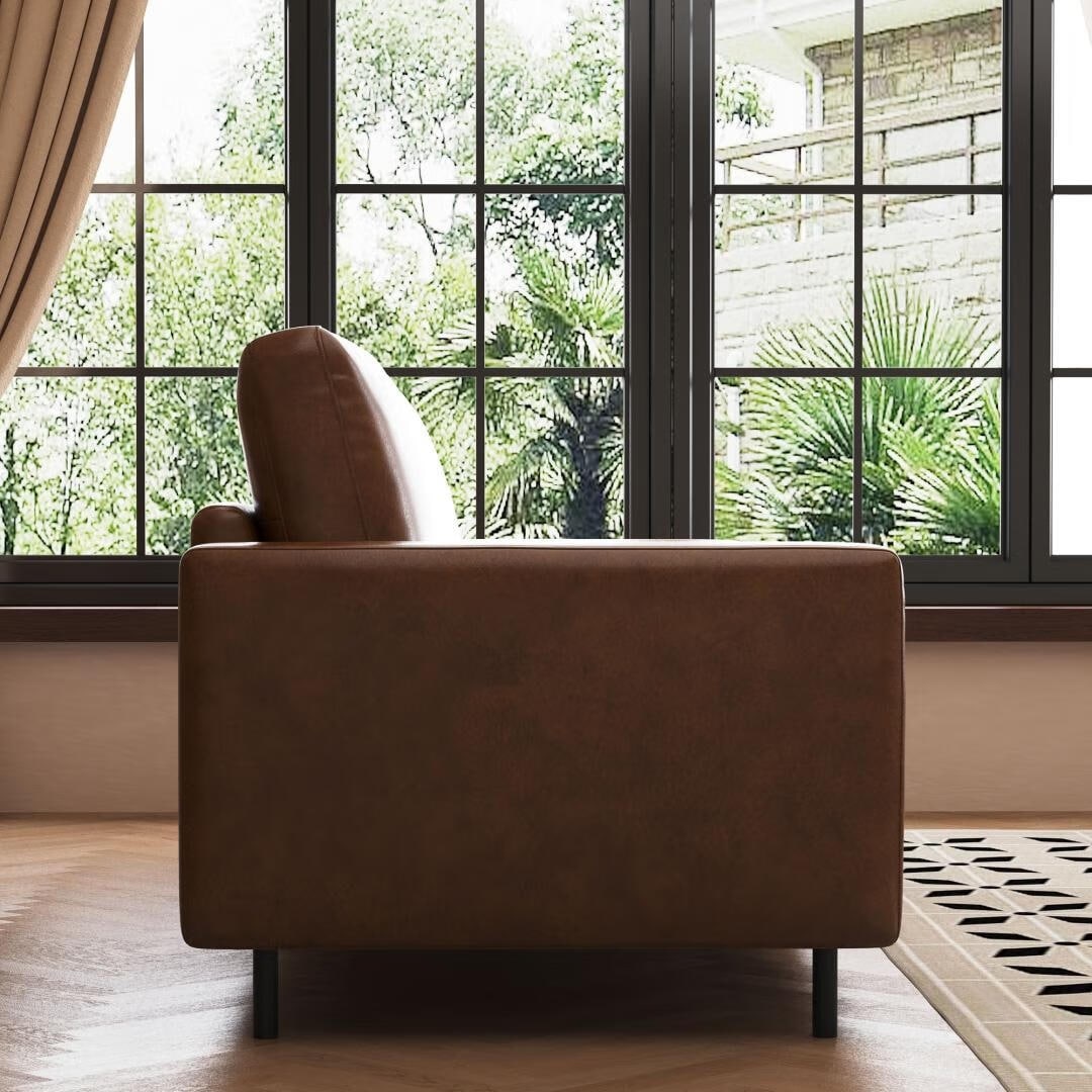 Mid-Century Modern Brown Faux Leather Sofa – 3-Seater Upholstered Couch with Bolster Pillows, Tufted Seat, and Solid Wood Frame