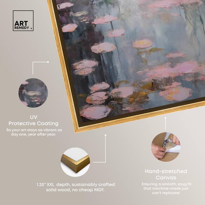 Art Remedy Pink Impressionisty Lilypads Framed Impressionism 1 Piece Canvas Wall Art /Monet And Van Gogh Inspired Art