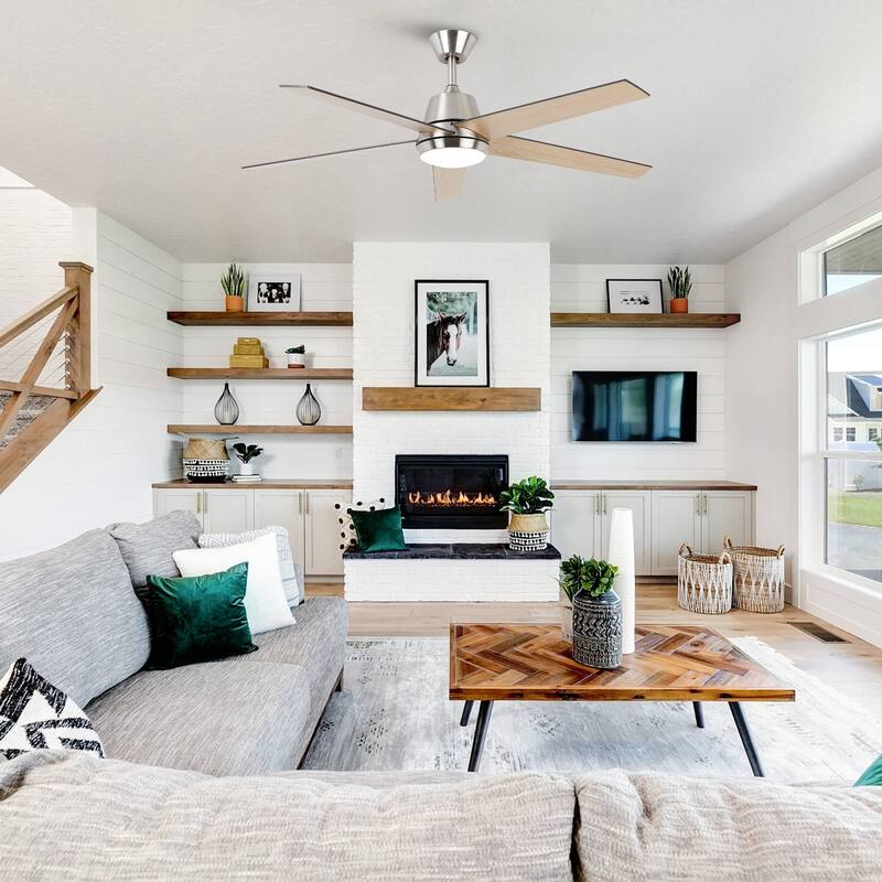 52" Modern Reversible 5-blade Brushed Nickel LED Smart Ceiling Fan with Light and APP