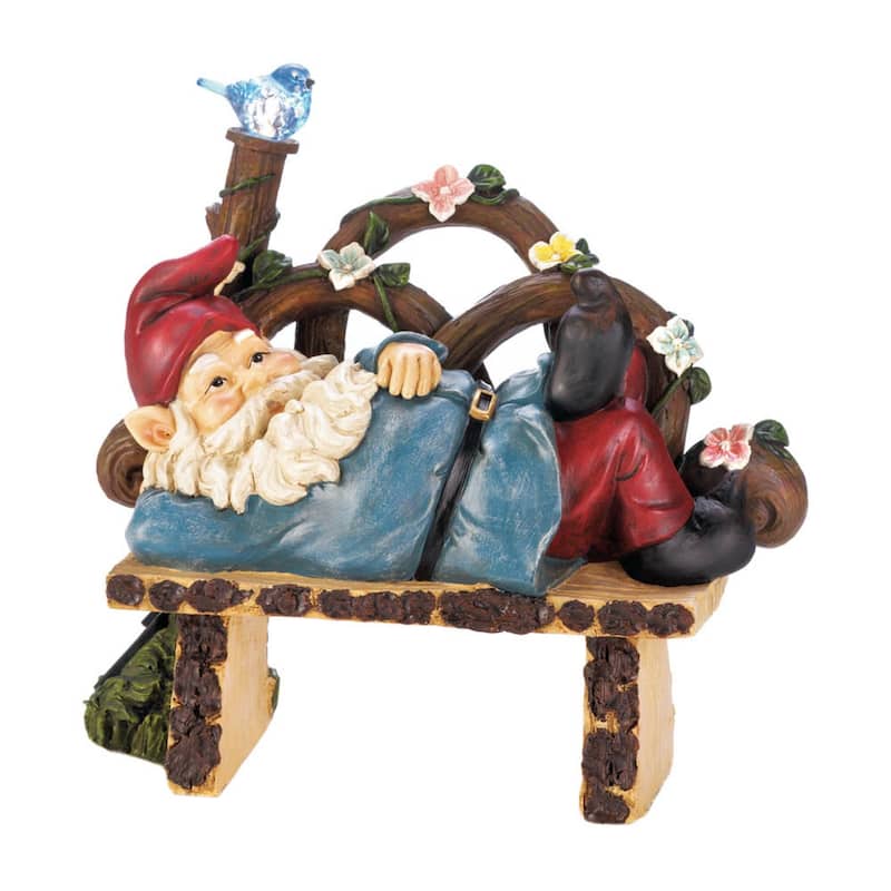 Afternoon Nap Gnome Solar Lighted Outdoor Statue 9.75" Brown and Blue