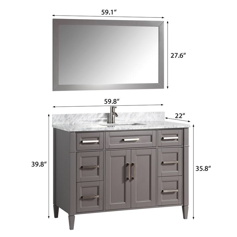 Vanity Art 60-Inch Single Sink Bathroom Vanity Set Carrara Marble Stone Top 7 Drawers 1 Shelf Undermount Sink with Free Mirror