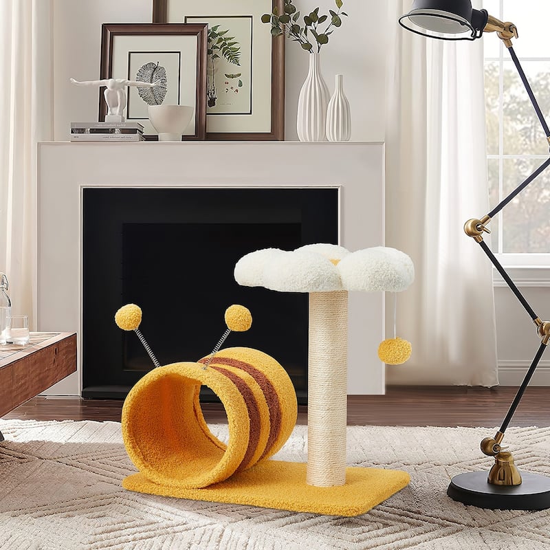 EROMMY 14.6 in Flower Cat Tree with Well-padded Perch, Cat Tower with Sisal Scratching Posts and Interactive Toys, Yellow