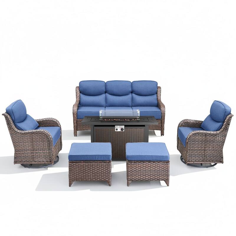 Arcadia 6-Piece PE Wicker Patio Seating Set with Durable All-Iron Fire Pit and 6-Inch Cushions