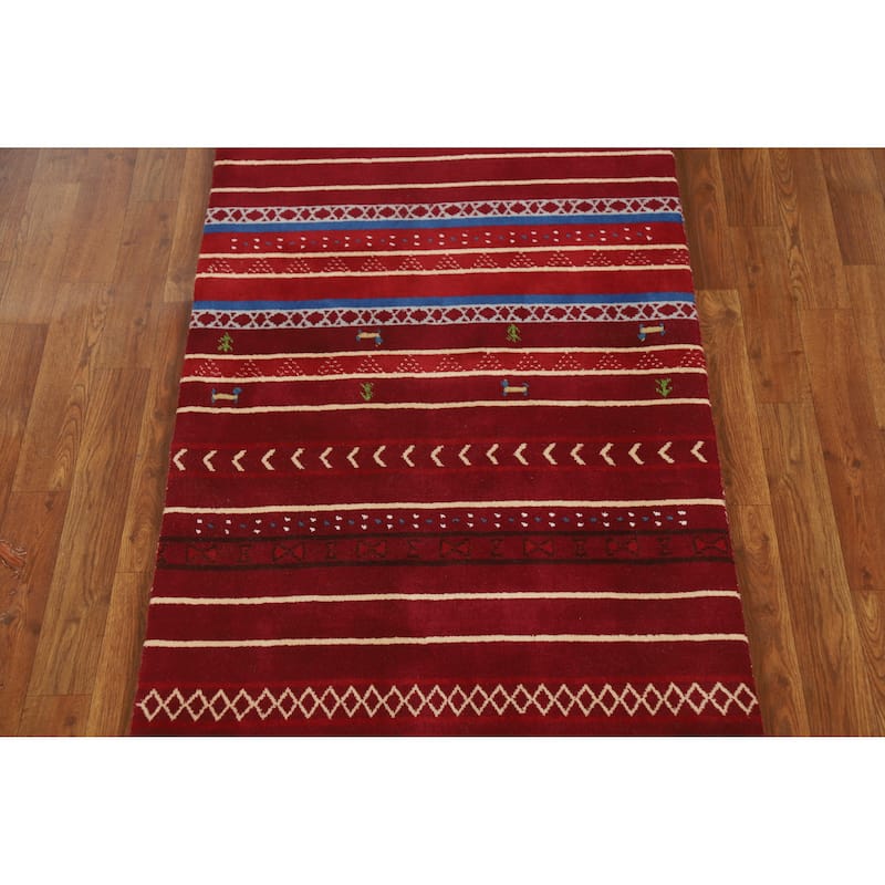 Tribal Red Gabbeh Indian Runner Rug Handmade Wool Carpet - 2'7" x 7'8"