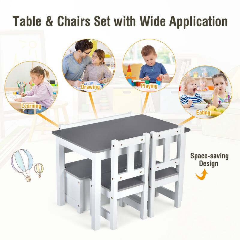 Costway 4 PCS Kids Wooden Activity Table & Chairs Set w/Storage Bench - See Details
