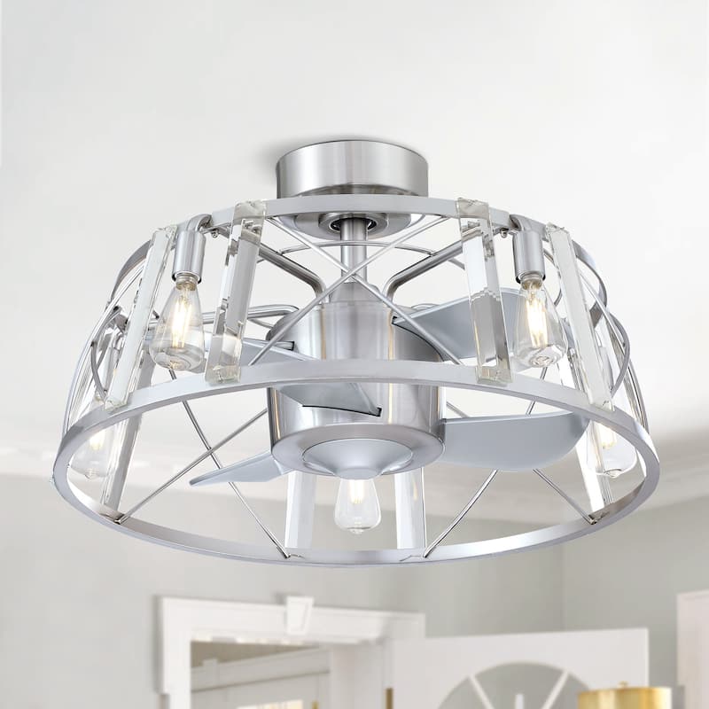 25" Modern Crystal Caged Ceiling Fan Chandelier with Remote - Remote