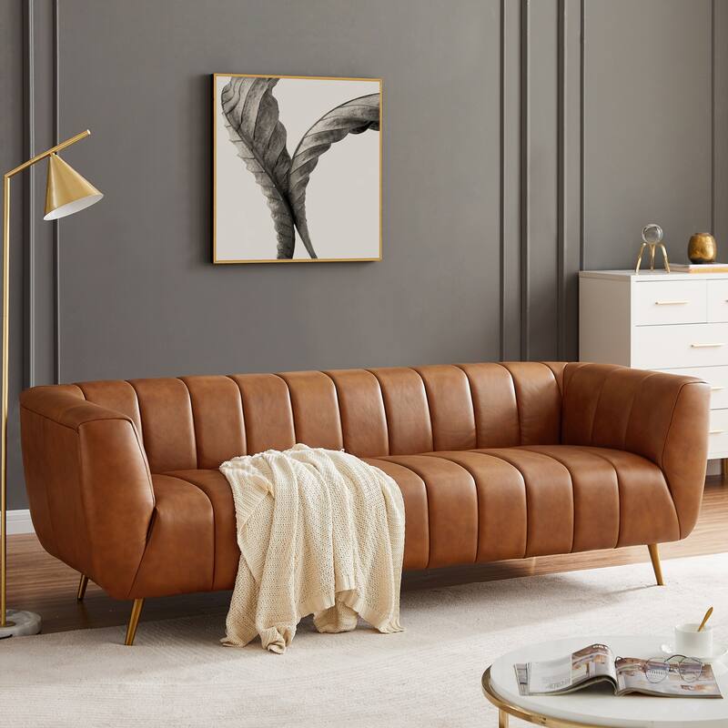 Clovis Mid Century Modern Furniture Style Upholstered Leather Couch in Cognac Color - Tan