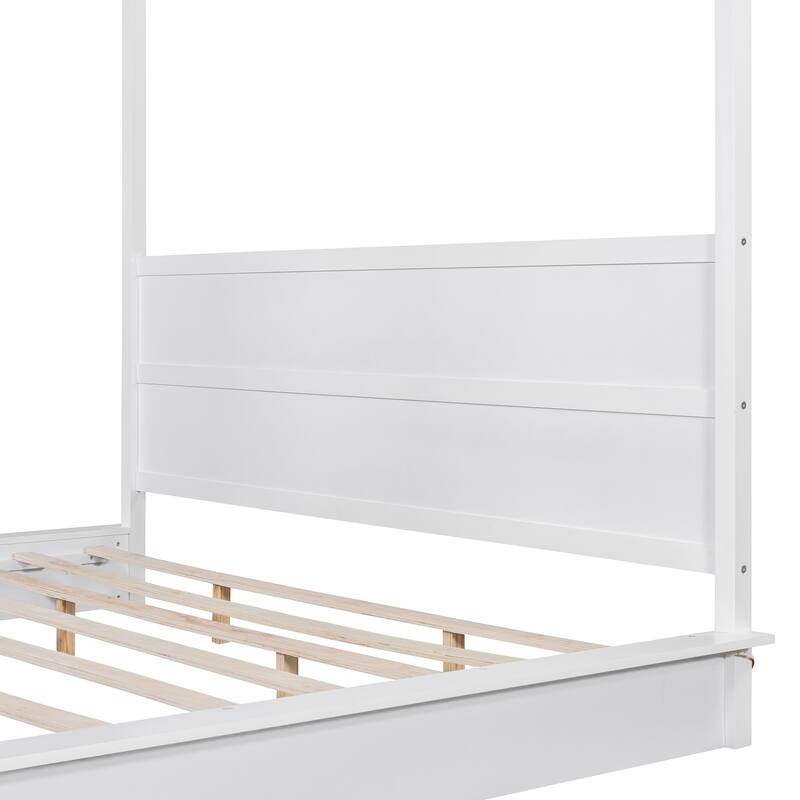 Wooden Canopy Bed with Brushed-effect Finish Master Bedroom Bed White Canopy Bed LED Platform Bed with Top Canopy Rails