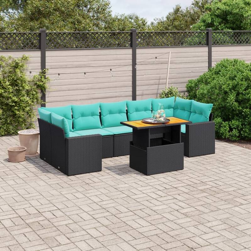 vidaXL Patio Sofa Set with Cushions Outdoor Furniture 8 Piece Poly Rattan - 24.4" x 24.4" x 27.2" - Black