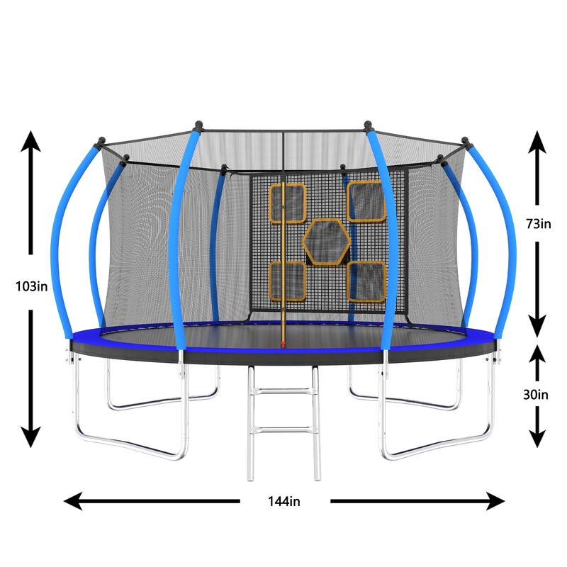 12FT Trampoline, Outdoor Trampolines for Kids and Adults, Recreational Trampoline with Enclosure Net Ladder