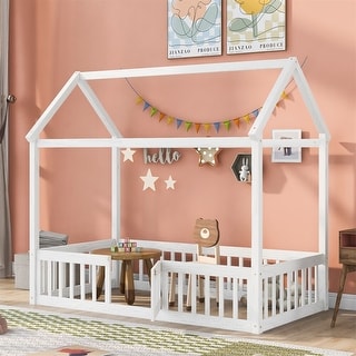 Merax Wood House Bed with Fence and Door