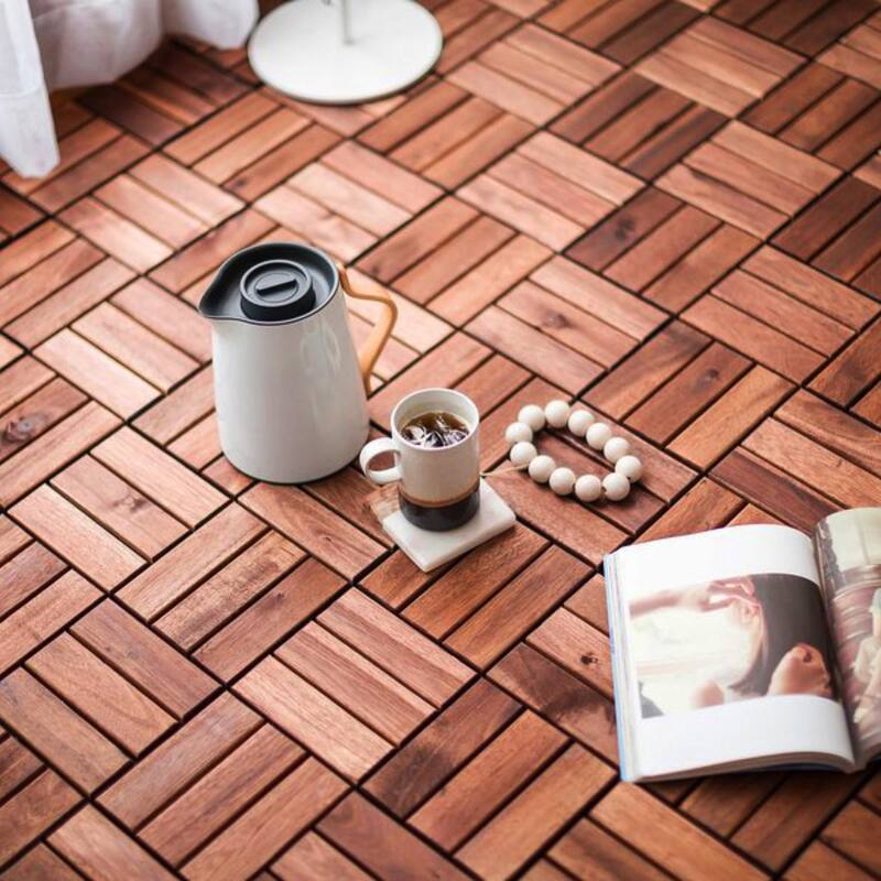10 PCS Interlocking Deck Tiles Checker Pattern, 12" x 12" Square Acacia Hardwood Outdoor Flooring for Patio,Bancony,Pool Side
