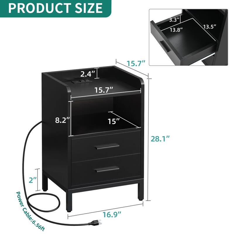 2-Drawer Nightstand Beside End Table with USB Port and LED Lights