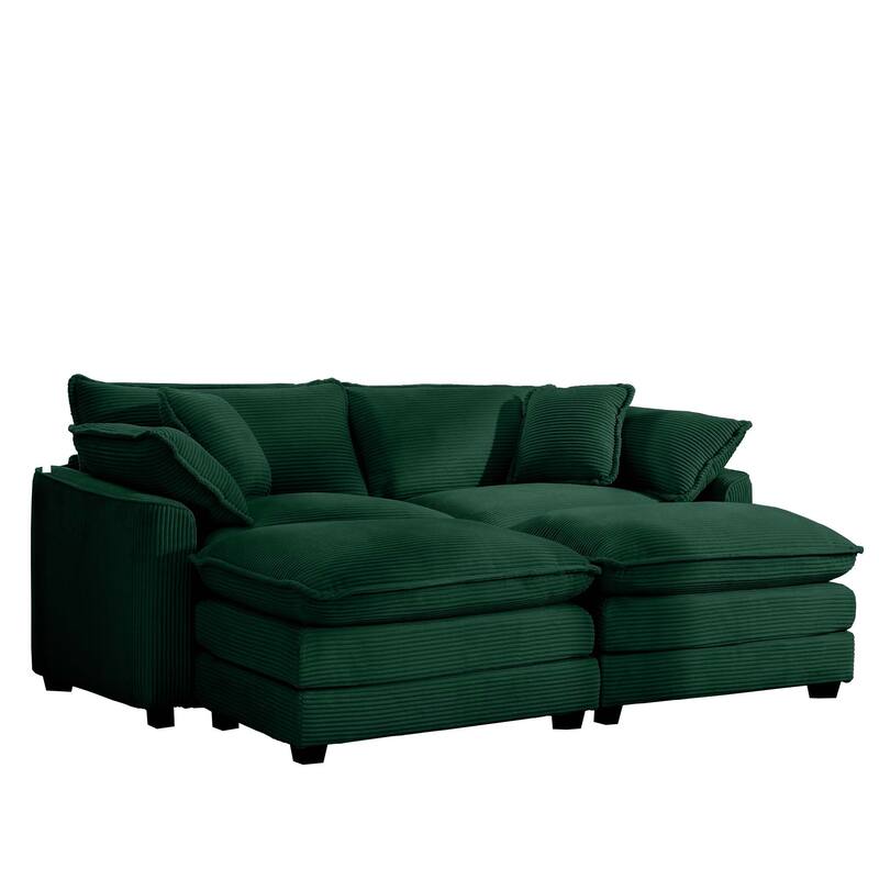 Mid-Century Corduroy Sleeper Sofa with Footrests - Compact 2-Seater Couch for Small Spaces