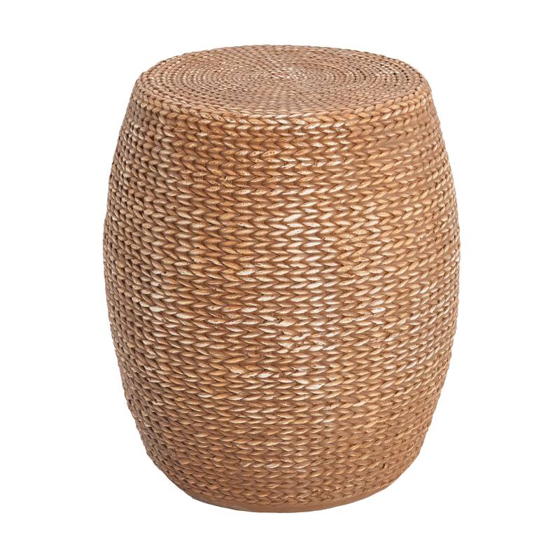 Roomfitters Nydia Outdoor Drum Shaped Side Table with Woven Straw Texture, Weather Resistant MGO, Brown
