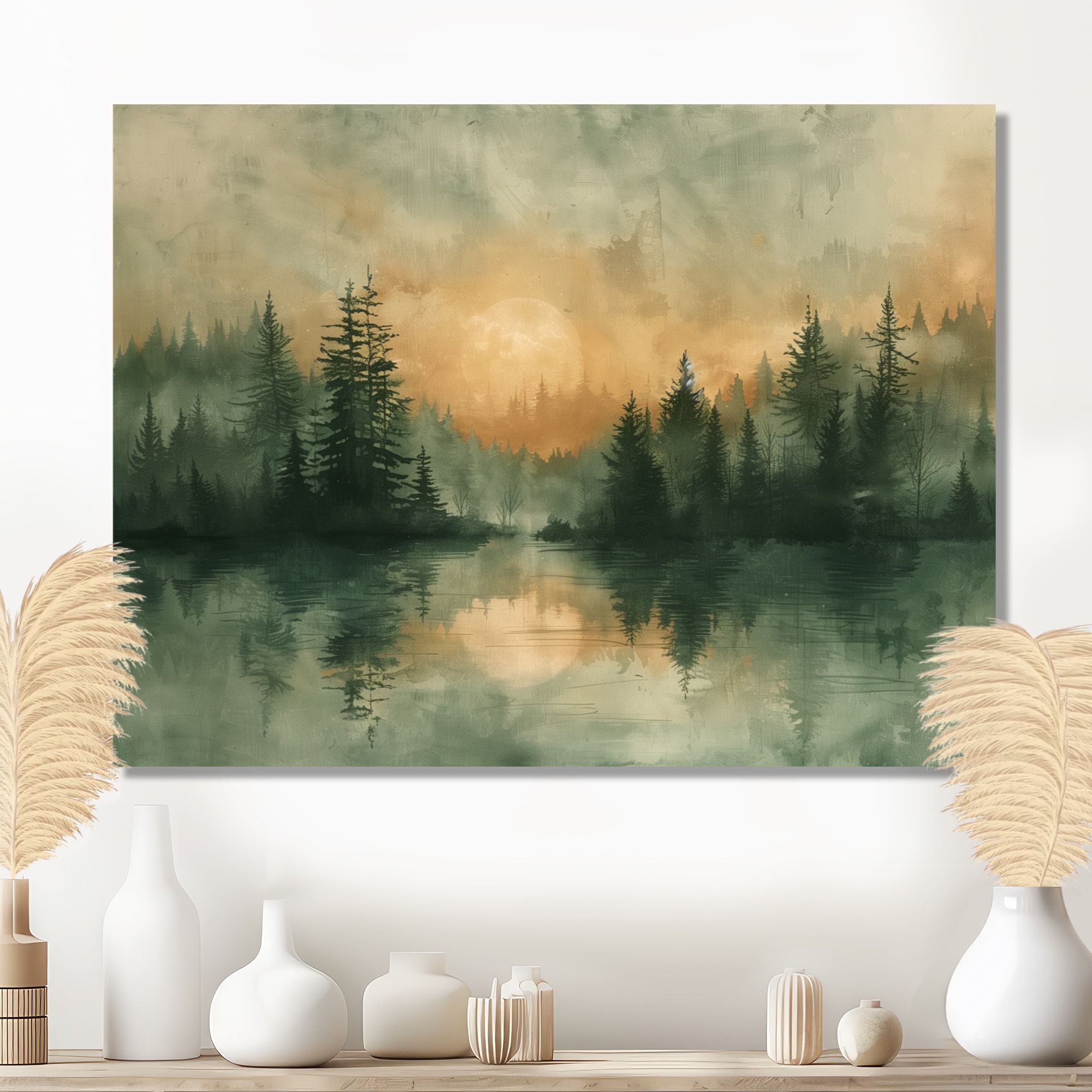 Designart "Green Yellow Sunrise Fog In The Forest III" Countryside Canvas Wall Art - Country Green Wall Art Print