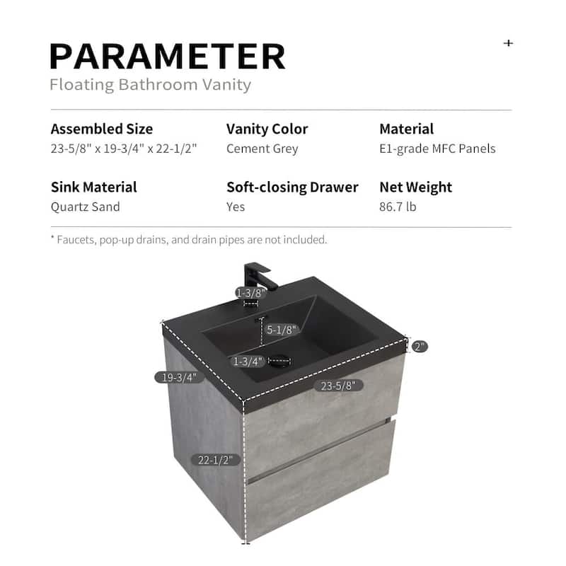 24"/30"/36"/42" Floating Bathroom Vanity with Black Quartz Sand Sink, Grey Wall-Mounted Cabinet, Soft Close Drawers
