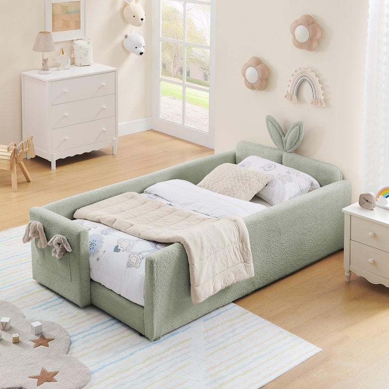 Twin Size Platform Bed Upholstered Bed with Safety Rail and Pocket, Kids Bed with RabbitEar, Skin-friendly Boucle Fabric