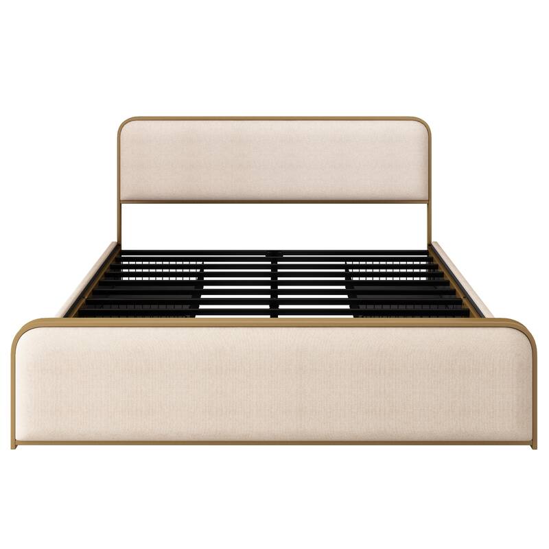 Modern Metal Bed Frame with Curved Upholstered Headboard and Footboard Bed with Under Bed Storage