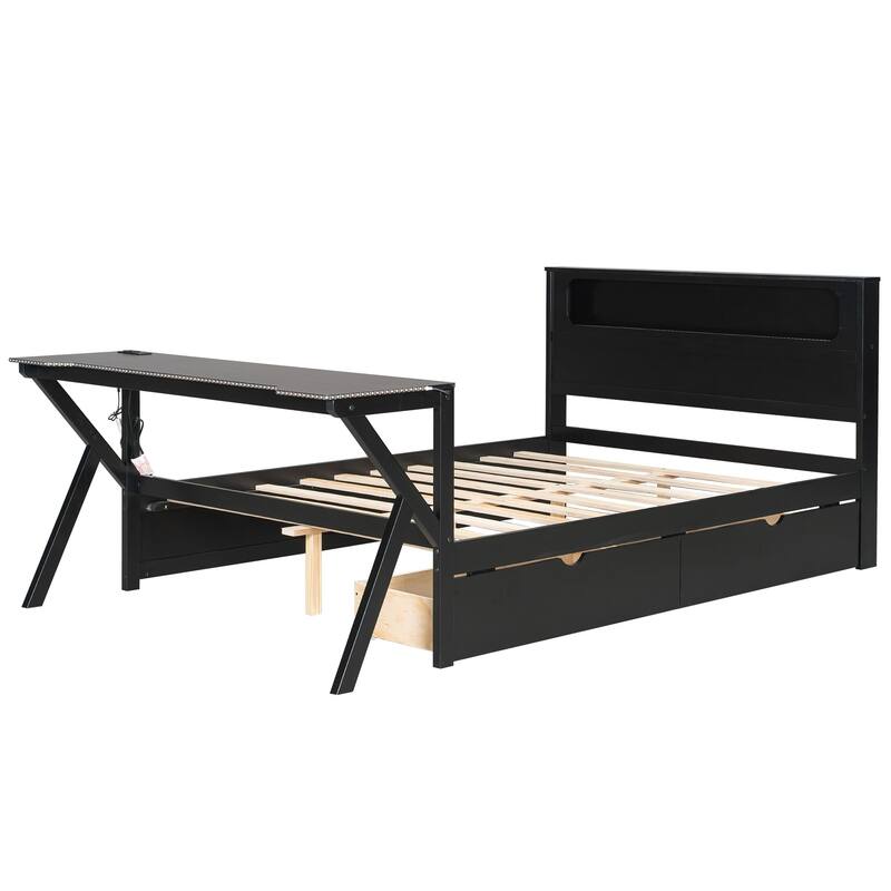 Wooden Gaming Platform Bed with LED Headboard, LED Desk, USB and 2 Storage Drawers, Black Bed Frame