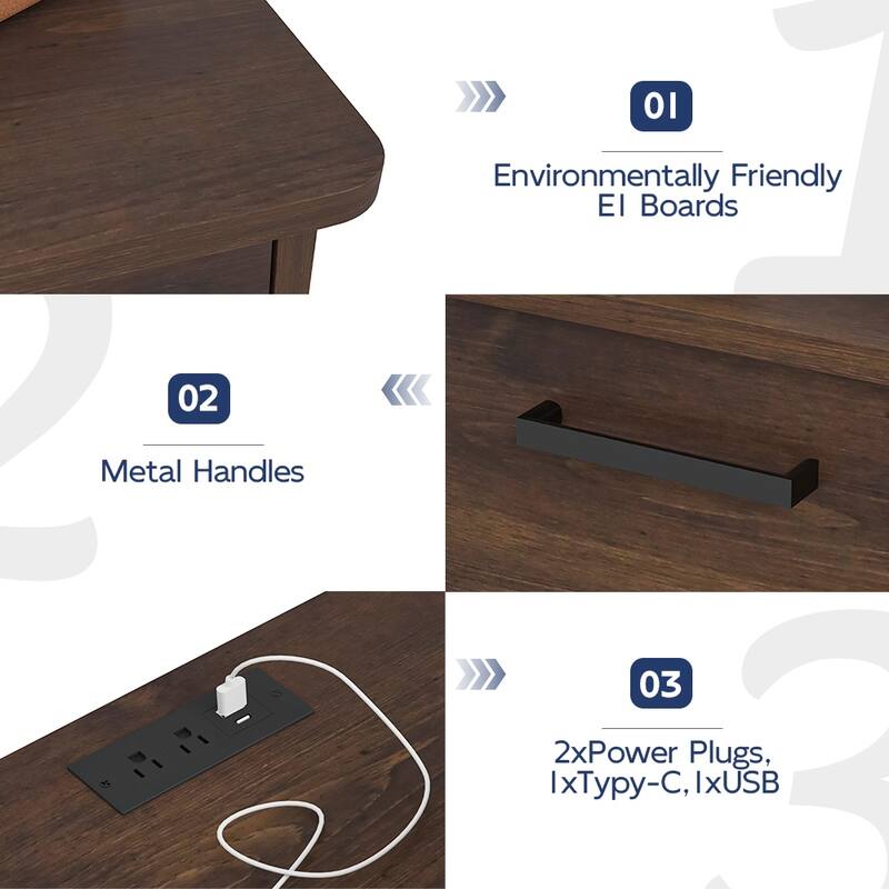 Nightstand with Charging Station,2 USB,Type C,Drawer,Adjustable Shelf