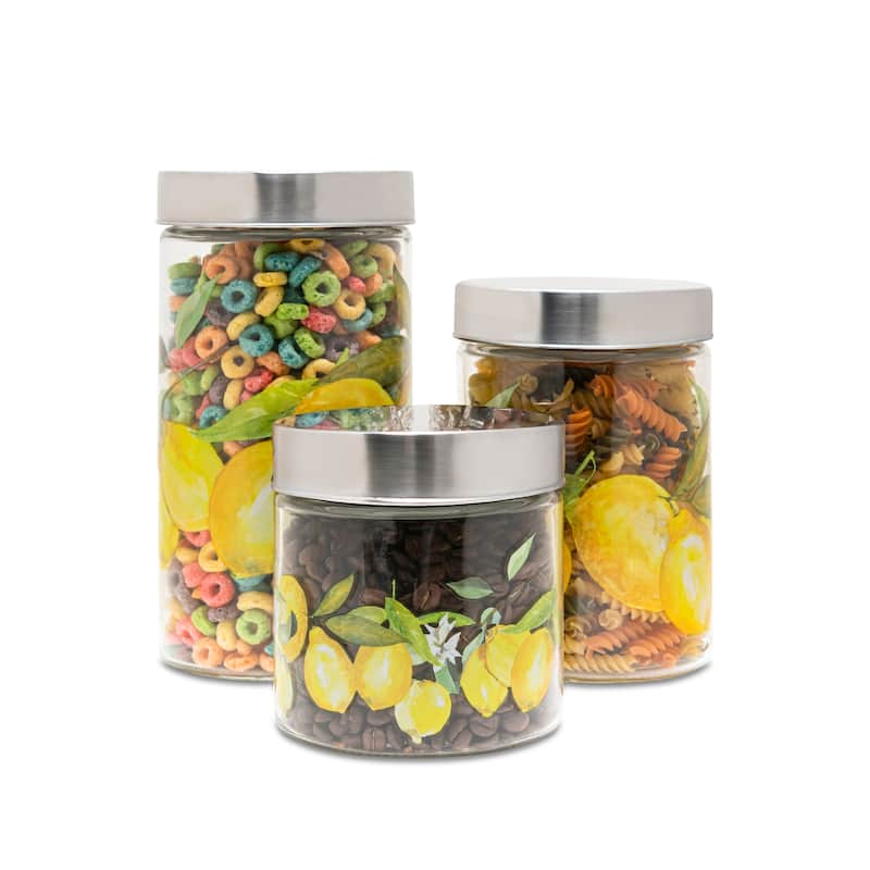 Lemon Branches Set of 3 Glass Canisters With Silver Lids - 4.33" dia
